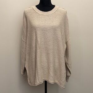 Aerie Womens XL Textured Tan Crew Neck Sweater Drop Shoulder Oversized Side Slit